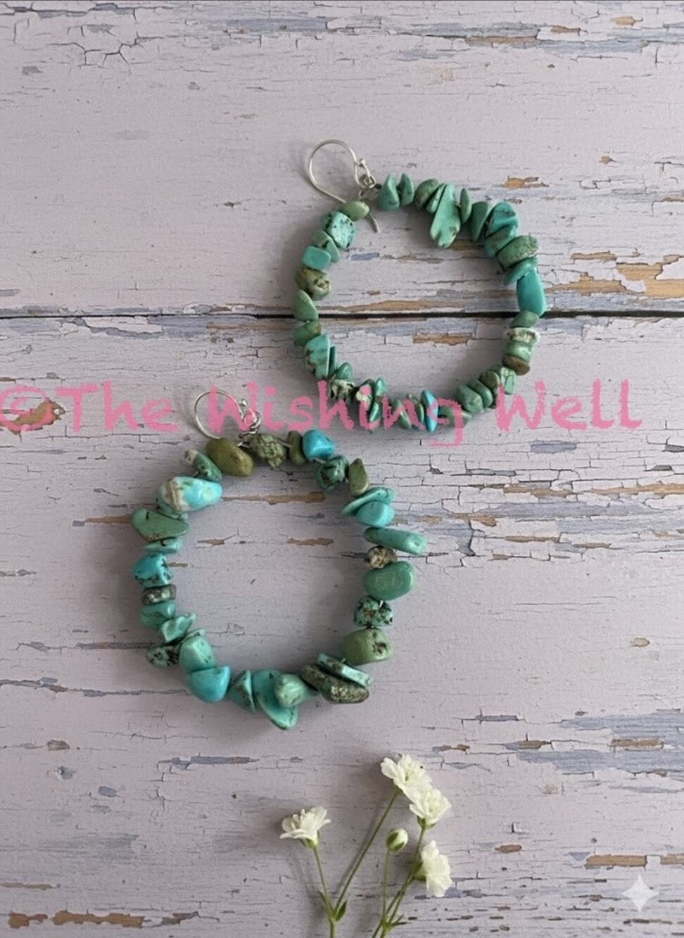 Genuine Turquoise Chip Hoop Dangle 925 Silver Earrings 2”